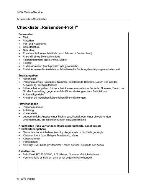 Checkliste „Reisenden-Profil“