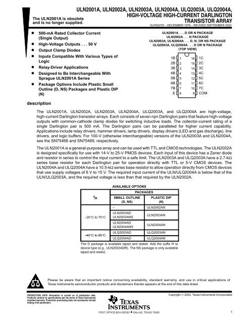 High-Voltage High-Current Darlington Transistor Array (Rev. E) - ECE