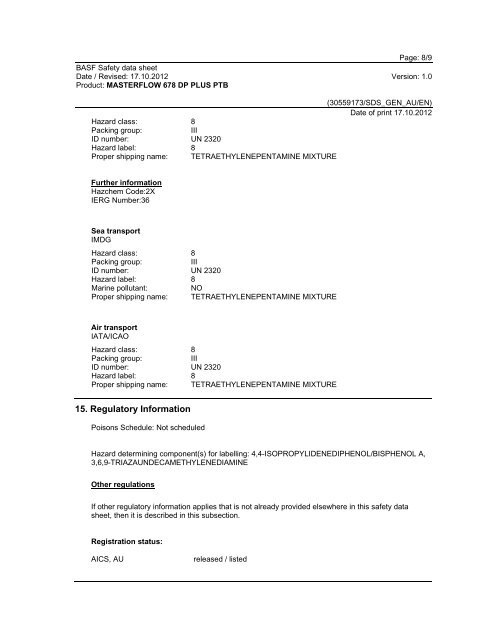 Safety data sheet - BASF Construction Chemicals Pacific