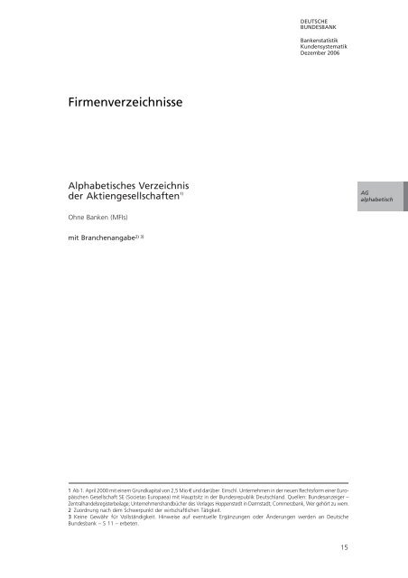 Bankstatistik Kundensystematik Firmenverzeichnisse, Dezember 2006