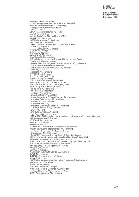 Bankstatistik Kundensystematik Firmenverzeichnisse, Dezember 2006