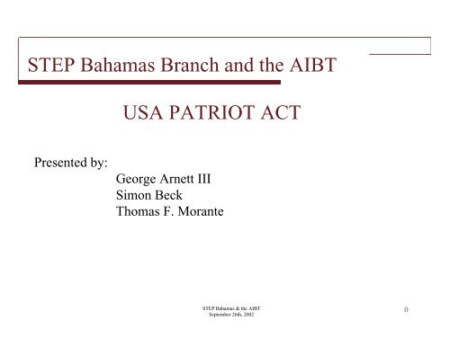 STEP Bahamas Branch and the AIBT USA PATRIOT ACT