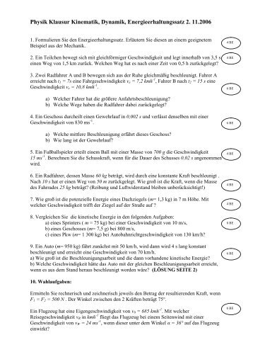 Physik Klausur Kinematik, Dynamik, Energieerhaltungssatz 2. 11.2006