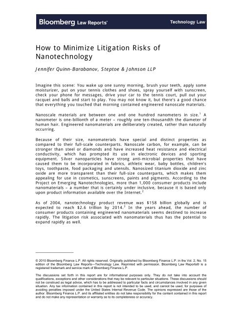 How To Minimize Litigation Risks Of Nanotechnology Steptoe