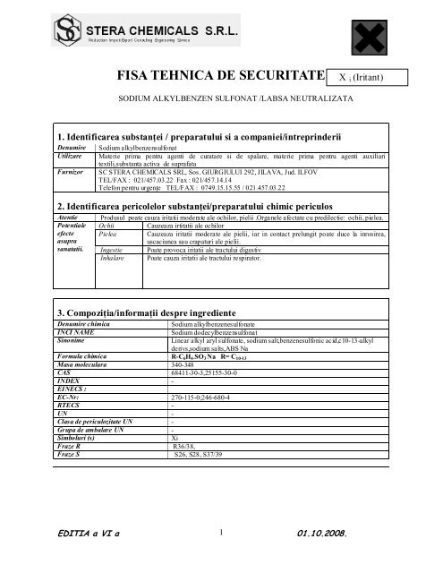 FISA CU DATE DE SECURITATE LABS ... - Stera Chemicals