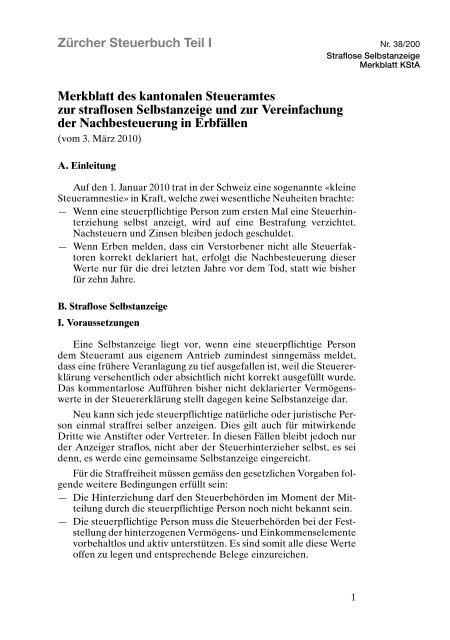 Merkblatt des kantonalen Steueramtes zur straflosen Selbstanzeige ...