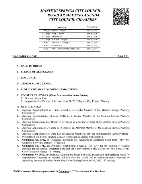 manitou springs city council regular meeting agenda city council