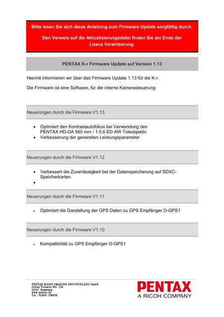 Bitte lesen Sie sich diese Anleitung zum Firmware Update ... - Pentax