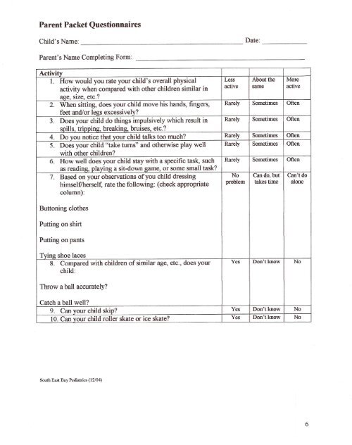 ADHD Parent Packet Questionnaire - South East Bay Pediatric ...