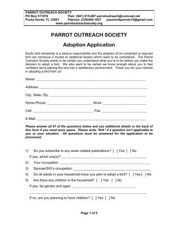 PARROT OUTREACH SOCIETY Adoption Application