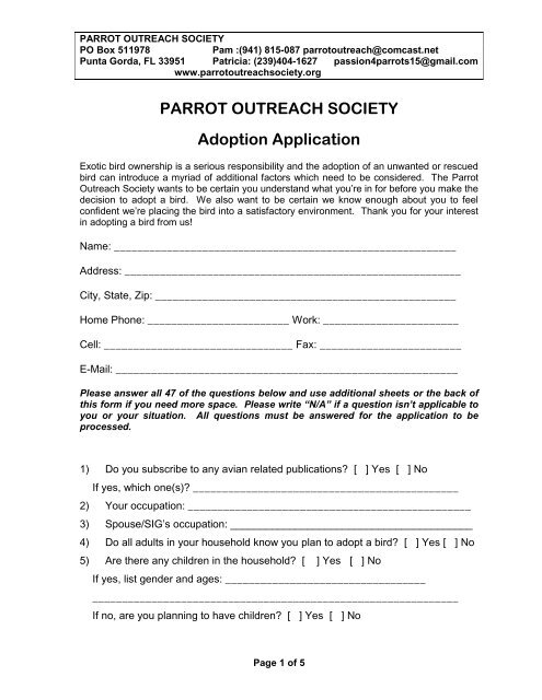PARROT OUTREACH SOCIETY Adoption Application