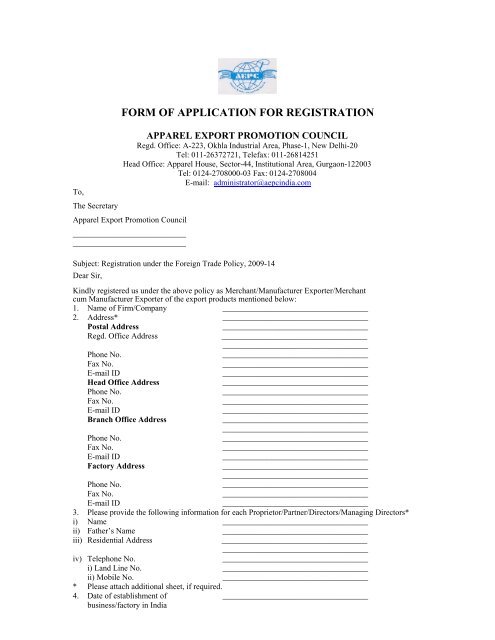 Application Form - Apparel Export Promotion Council