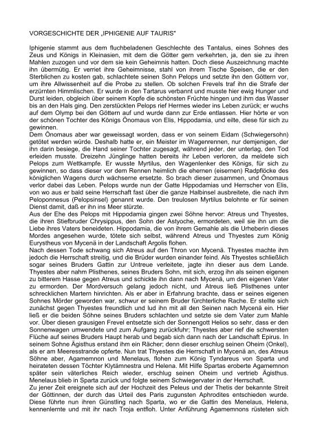 Inhaltsangabe Iphigenie Auf Tauris VORGESCHICHTE DER â IPHIGENIE AUF TAURIS" Iphigenie