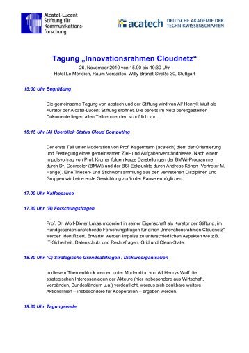 Tagung âInnovationsrahmen Cloudnetzâ - Alcatel-Lucent Stiftung fÃ¼r ...
