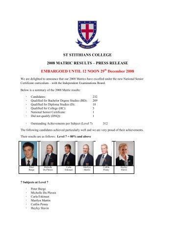 ST STITHIANS COLLEGE 2008 MATRIC RESULTS – PRESS ...