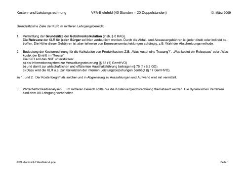 Kosten- und Leistungsrechnung VFA-Bielefeld (40 Stunden = 20 ...