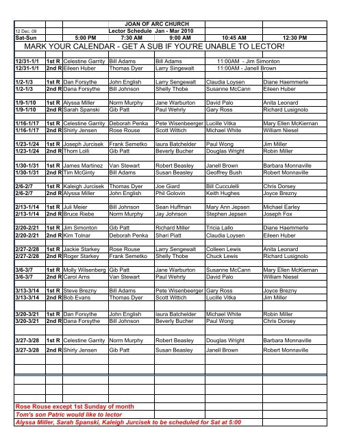 LECTOR SCHEDULE - St. Joan of Arc Catholic Church