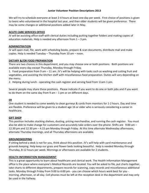 JV Position Descriptions - St. Joseph's Hospital and Health Center