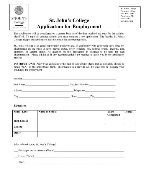 St. John's College Application for Employment