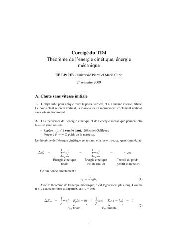 Corrigé du TD4 Théor`eme de l'énergie cinétique, énergie mécanique