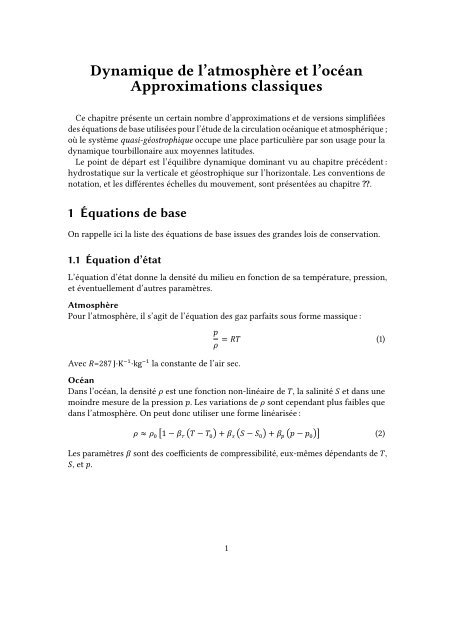 Équations de base, approximation QG - LMD