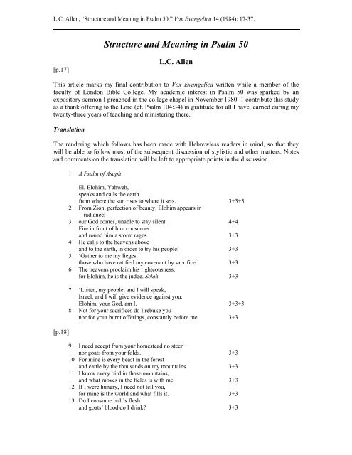Structure And Meaning In Psalm 50 Biblicalstudies Org Uk Structure And Meaning In Psalm 50 Biblicalstudies Org Uk
