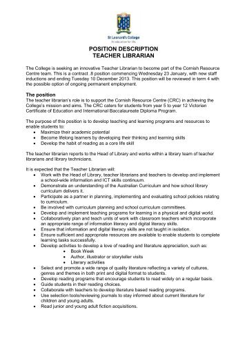 position description teacher librarian - St Leonard's College