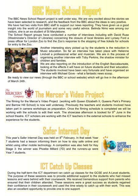 The St Marylebone CE School Specialisms Newsletter Spring 2011