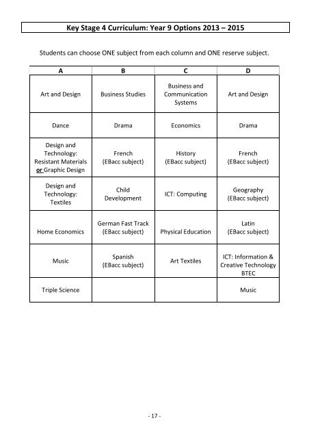 Year 9 Options Booklet 2013 - St Marylebone School