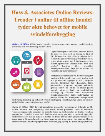 Hass & Associates Online Reviews: Trender i online til offline handel tyder økte behovet for mobile svindelforebygging