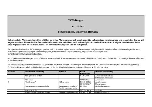 Gesamtverzeichnis der TCM-Drogen - Engel Apotheke Freiburg