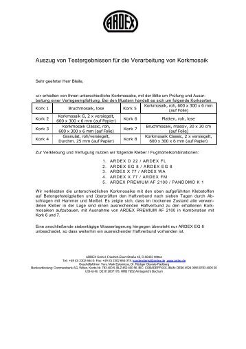 Auszug von Testergebnissen für die Verarbeitung von Korkmosaik