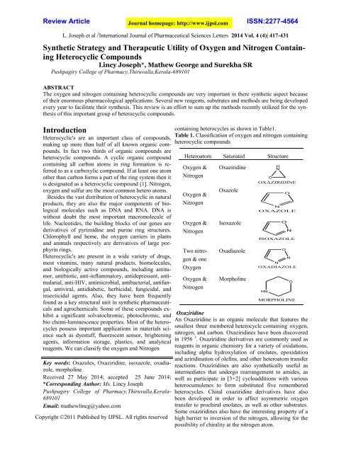 Synthetic Strategy and Therapeutic Utility of Oxygen and Nitrogen Containing Heterocyclic Compounds