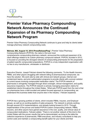 Premier Value Pharmacy Compounding Network Announces the Continued Expansion of its Pharmacy Compounding Network Program