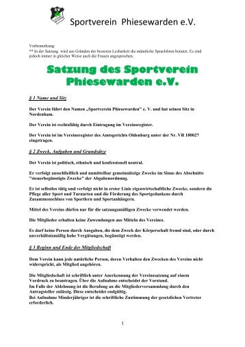 Sportverein Phiesewarden e.V. Satzung des Sportverein Phiesewarden e.V.