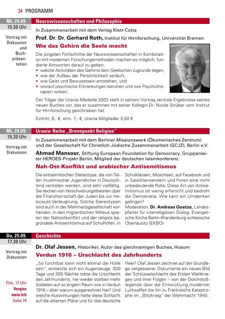 Urania Berlin e.V.- Programm September und Oktober 2014