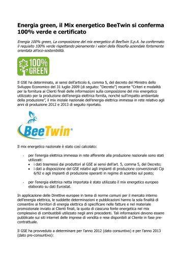 Energia green, il Mix energetico BeeTwin si conferma 100% verde e certificato