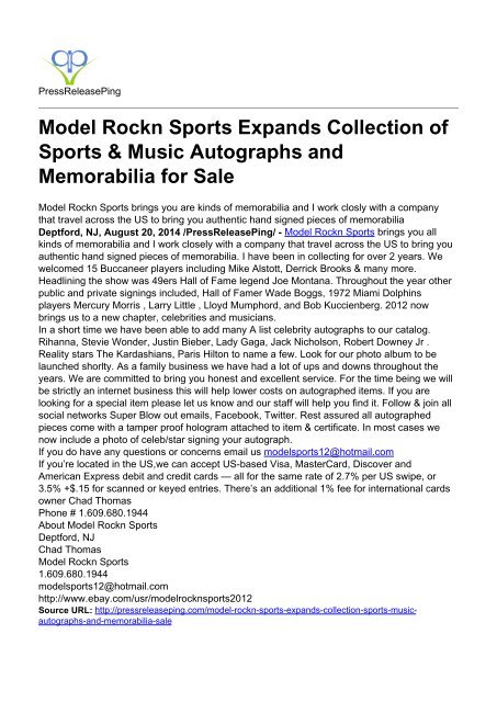 Model Rockn Sports expands collection of sports & music autographs and memorabilia for sale