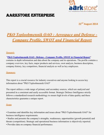 Aarkstore.com - PKO Teploobmennik OAO : Aerospace and Defense - Company Profile, SWOT and Financial Report