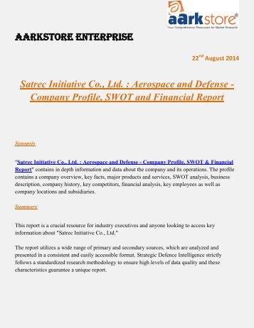 Aarkstore.com - Satrec Initiative Co., Ltd. : Aerospace and Defense - Company Profile, SWOT and Financial Report