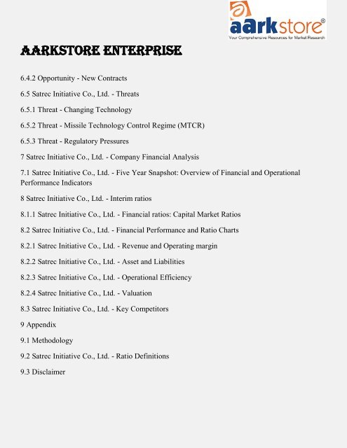 Aarkstore.com - Satrec Initiative Co., Ltd. : Aerospace and Defense - Company Profile, SWOT and Financial Report