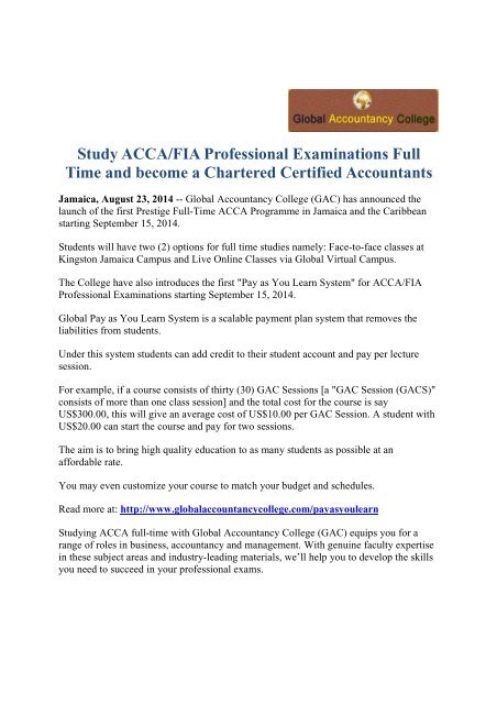 Study Acca Fia Professional Examinations Full Time And Become A Chartered Certified Accountants