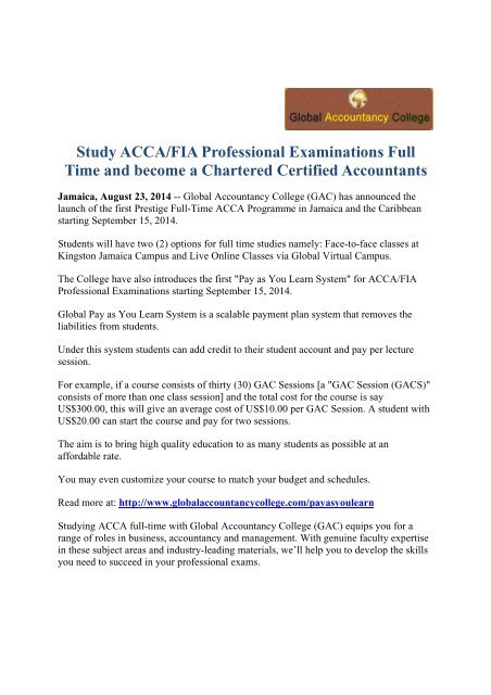 Study ACCA/FIA Professional Examinations Full Time and become a Chartered Certified Accountants