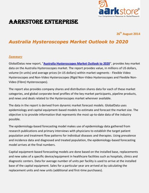 Aarkstore.com - Australia Hysteroscopes Market Outlook to 2020
