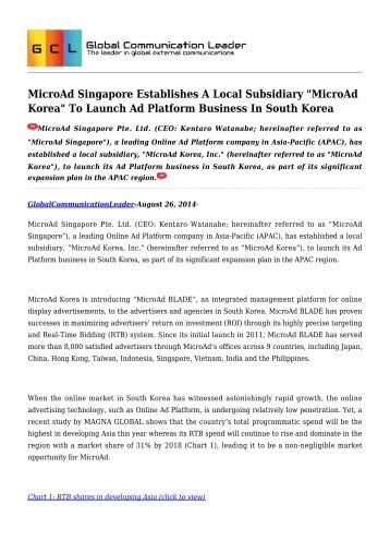 MicroAd Singapore Establishes A Local Subsidiary "MicroAd Korea" To Launch Ad Platform Business In South Korea