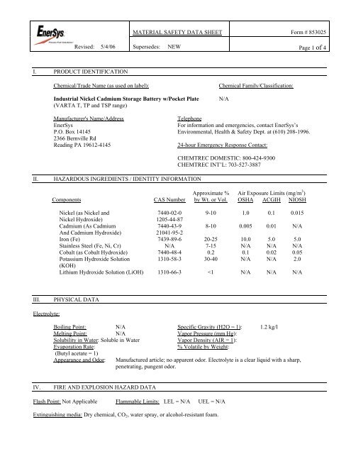 MATERIAL SAFETY DATA SHEET Form # 853025 Revised: 5/4/06 ...