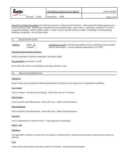 MATERIAL SAFETY DATA SHEET Form # 853025 Revised: 5/4/06 ...