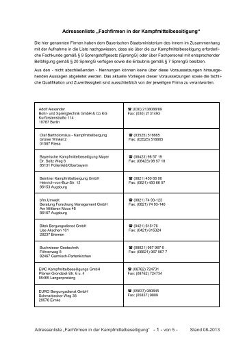 Adressenliste „Fachfirmen in der Kampfmittelbeseitigung“