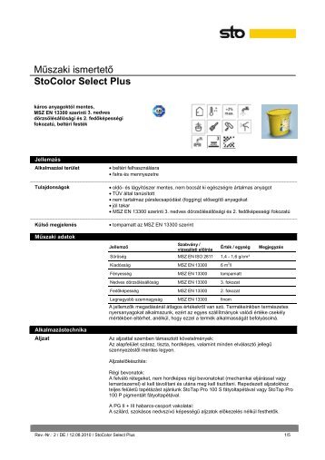 MÅ±szaki ismertetÅ StoColor Select Plus