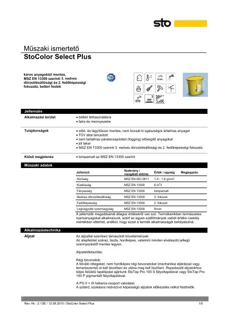 MÅ±szaki ismertetÅ StoColor Select Plus